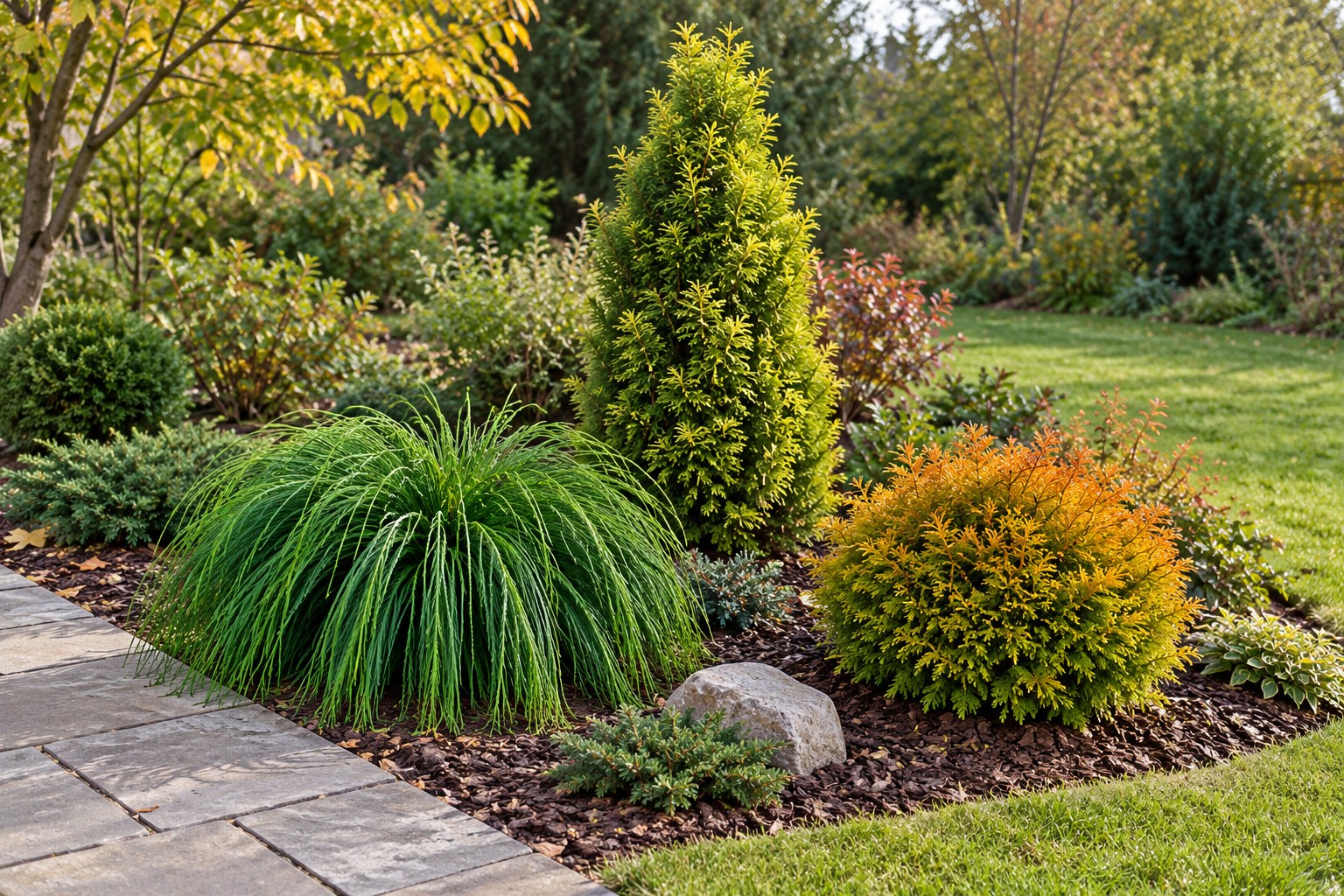 Золотистые хвойные у патио